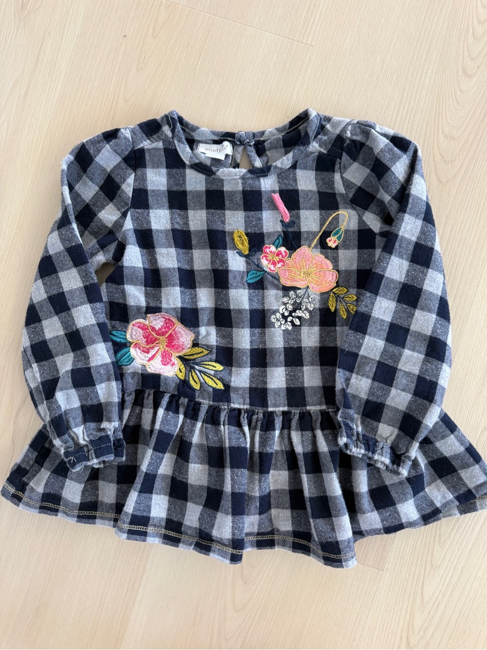 Girls Black & Gray Plaid Long-Sleeve Peplum Top with Floral Embroidery